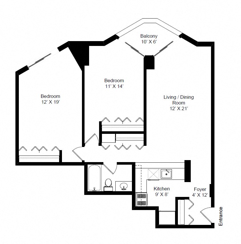 Floor plan for 2 beds, 1 bath